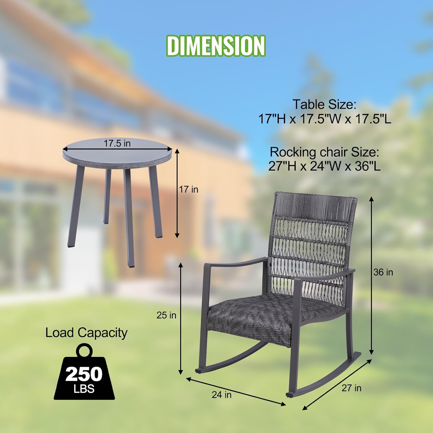 Backyard Expressions 3-Piece Wicker Patio Rocking Chair Set – Outdoor Rocker Chairs with Cushions and Faux Stone Table, All-Weather PE Rattan Porch Furniture for Deck, Balcony, or Garden