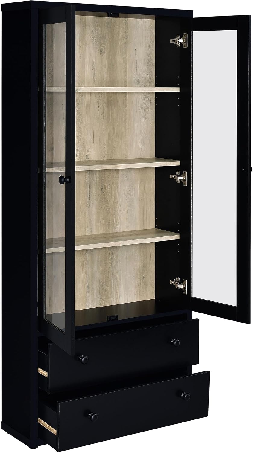 Coaster Home Furnishings - Hawthorne - 4-Shelf Wood Accent Cabinet with Farmhouse Style, Glass Doors, Drawers - Living Room, Entryway & Home Kitchen - Black - 953478