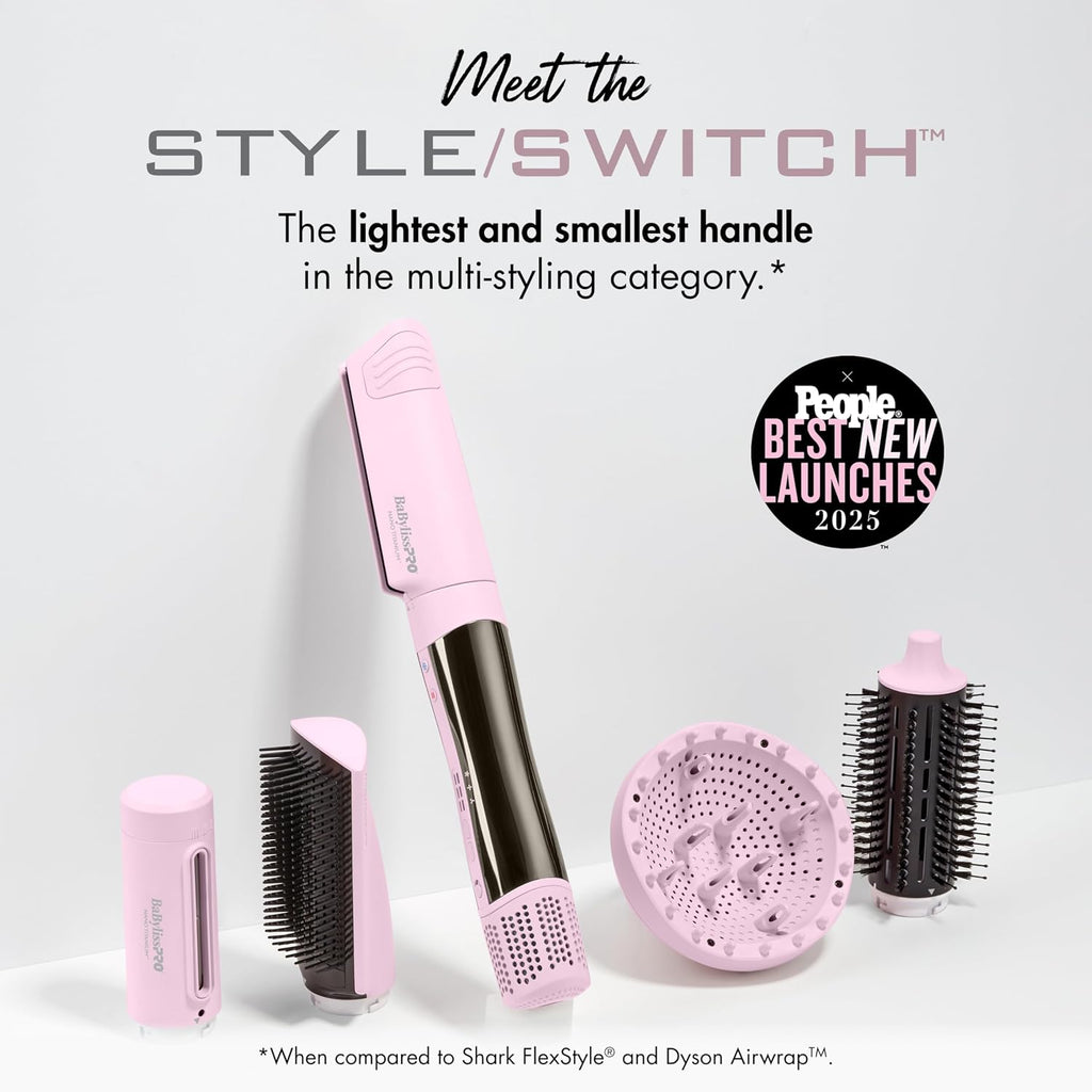 BaBylissPRO StyleSwitch Ionic Multi-Styler, Air Styler and Hair Dryer, Lightweight Hot Air Brush with 5 Attachments, Automatic Dual Voltage