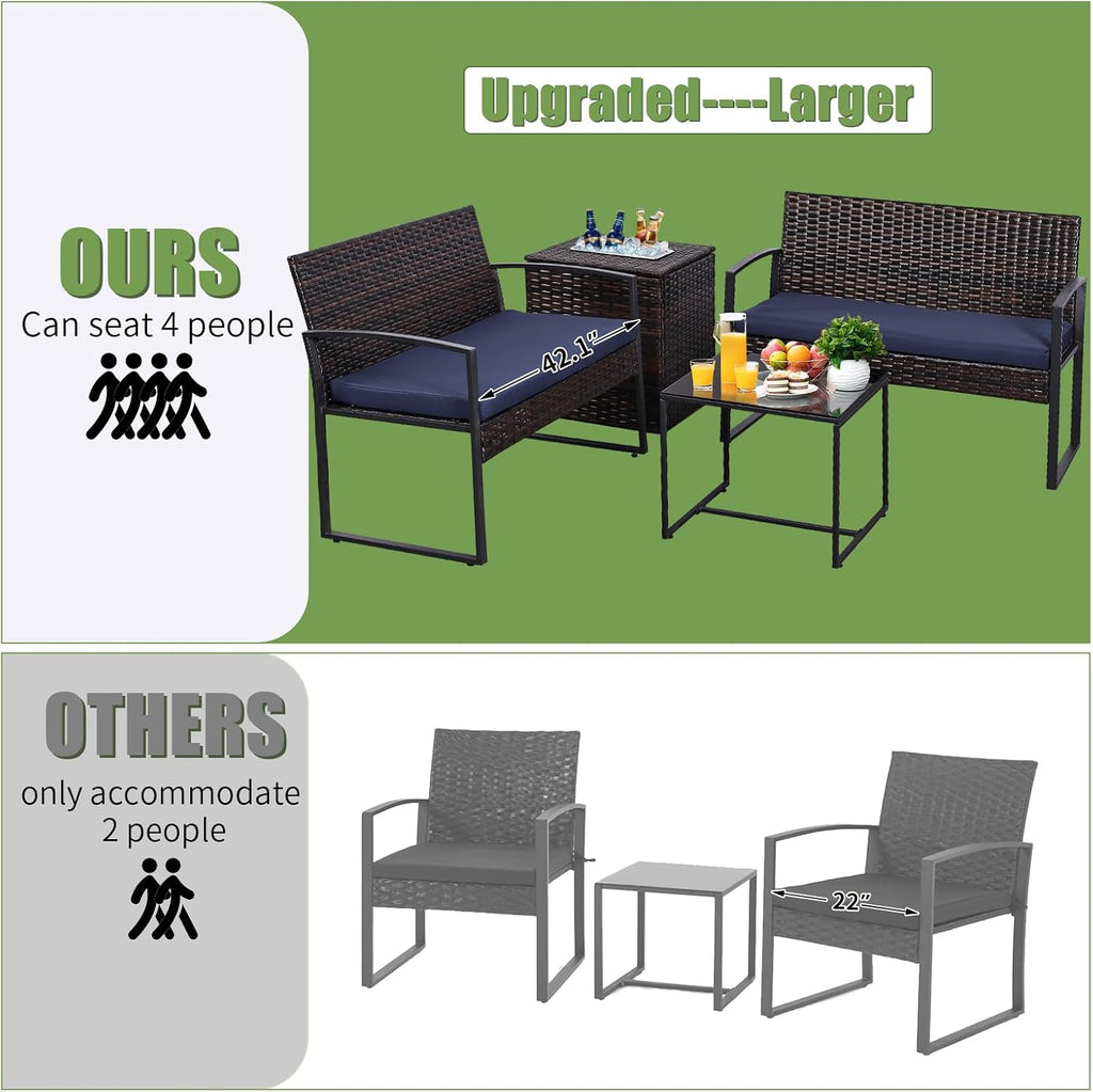 FHFO 4 Piece Outdoor Patio Furniture Set with Built-in Beverage Cooler Storage Box, Wicker Conversation Sets Patio Outdoor Loveseats & Coffee Table for Outside, Garden, Balcony, Porch, Brown/Blue