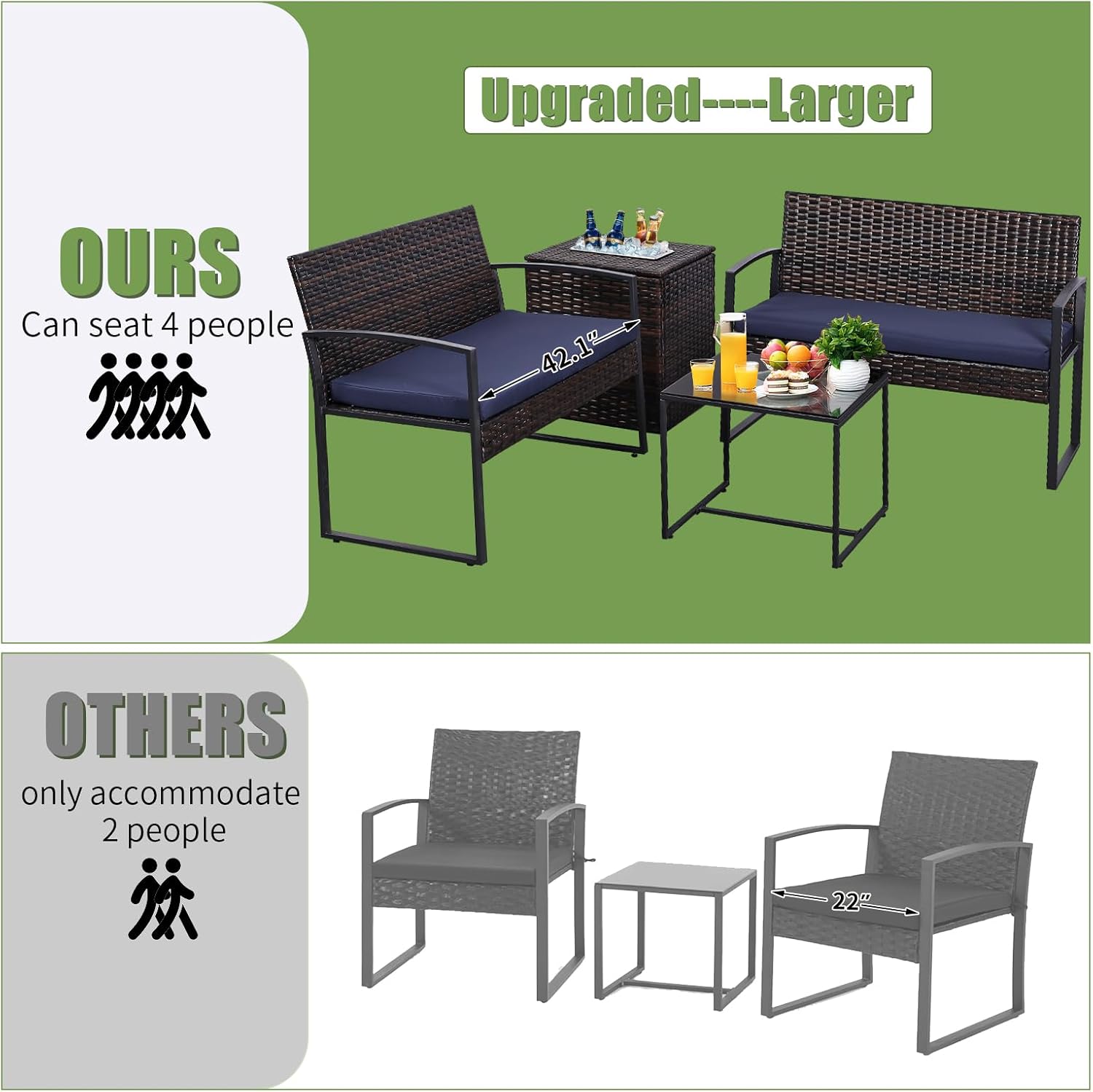 FHFO 4 Piece Outdoor Patio Furniture Set with Built-in Beverage Cooler Storage Box, Wicker Conversation Sets Patio Outdoor Loveseats & Coffee Table for Outside, Garden, Balcony, Porch, Brown/Blue