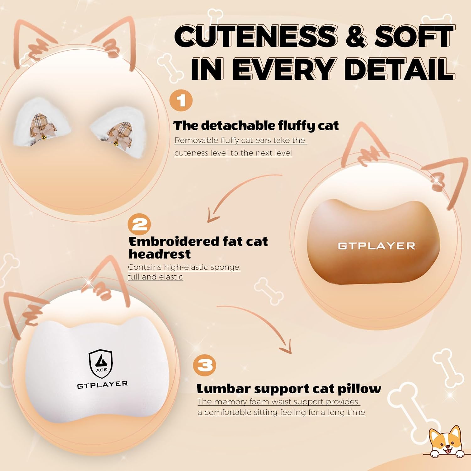 GTPLAYER Gaming Chair Cute with Cat Ears Ergonomic Computer Chair with Dog Embroidery Adjustable Memory Foam Lumbar Support and Headrest Comfortable Reclining Office Chair for Girls, Teens, Women