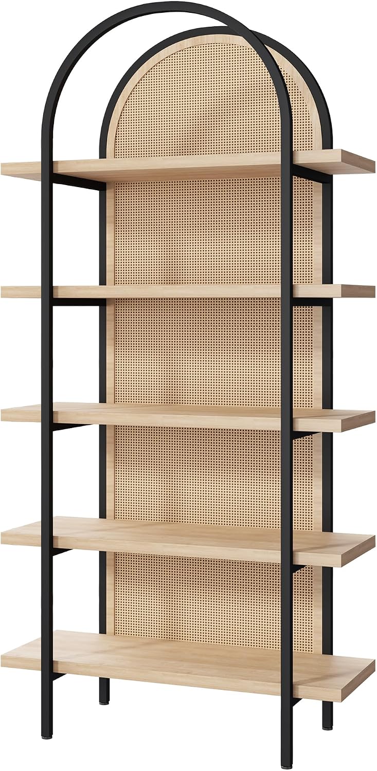 Yusong Bookshelf Rattan 5 Tier Arched Bookcase, 74' Tall Industrial Open Book Shelves for Living Room, Modern Freestanding Display Shelving Boho Storage Rack with Metal Frame for Office, Brown