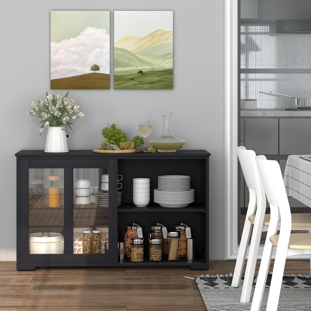COSTWAY Buffet Sideboard with Storage, 2-Door Floor Cupboard with Sliding Tempered Glass Cabinet & Adjustable Shelf, Stackable Storage Cabinet for Kitchen, Entryway, Black (2)
