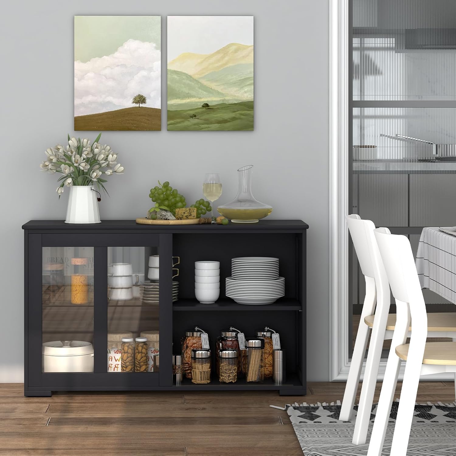 COSTWAY Buffet Sideboard with Storage, 2-Door Floor Cupboard with Sliding Tempered Glass Cabinet & Adjustable Shelf, Stackable Storage Cabinet for Kitchen, Entryway, Black (2)