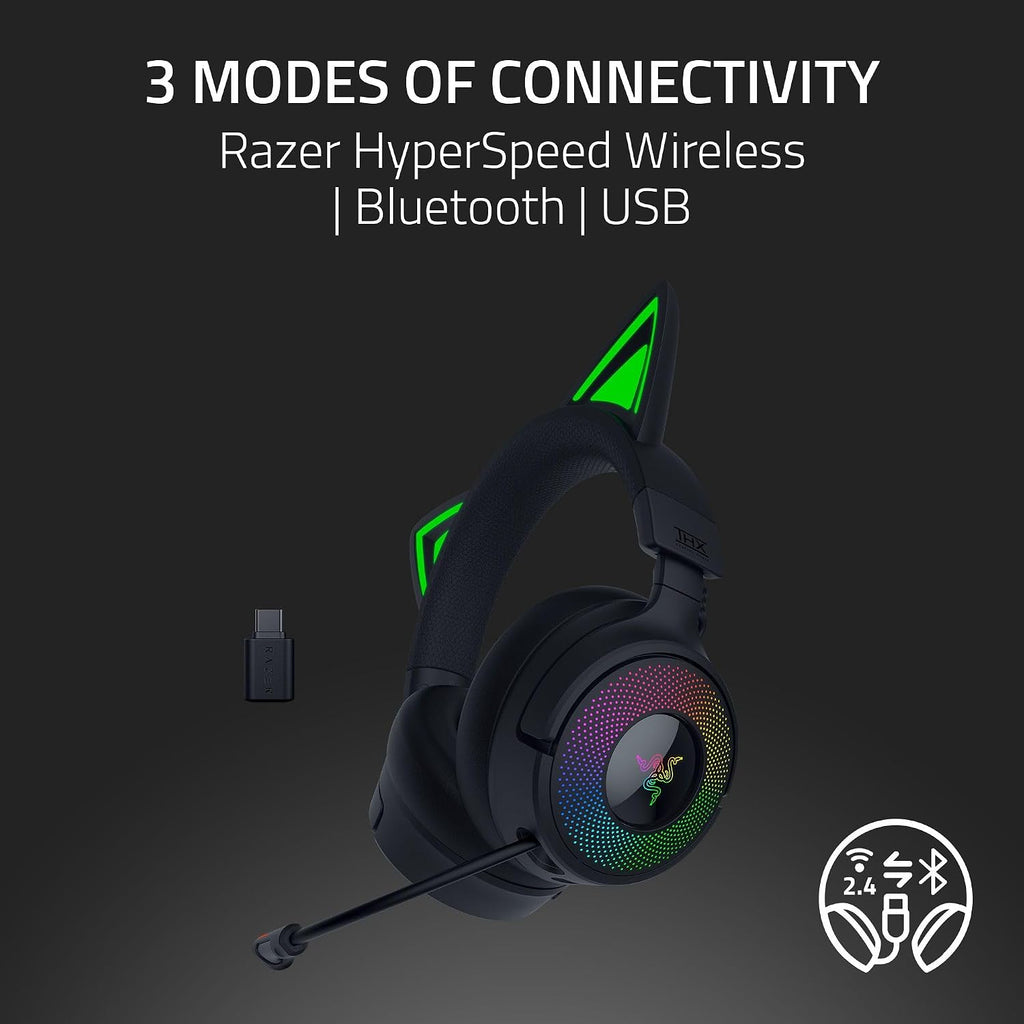 Razer Kraken Kitty V3 Pro Wireless RGB Gaming Headset: Chroma RGB Kitty Ears - 2.4 GHz, Bluetooth 5.3, USB A - Super Wideband Mic - 40mm Drivers - THX Spatial Audio - Comfortable Ear Cushions - Black