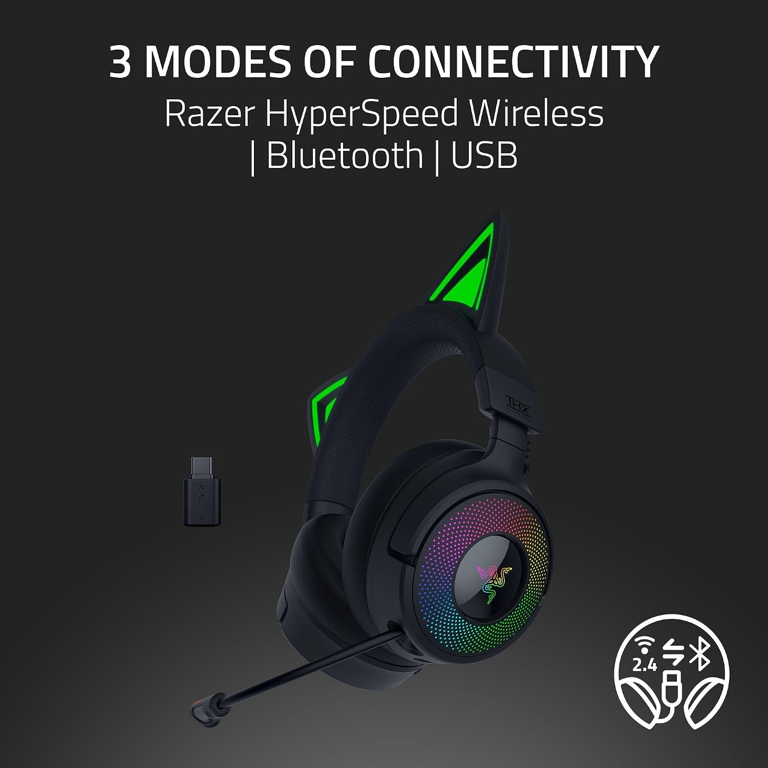 Razer Kraken Kitty V3 Pro Wireless RGB Gaming Headset: Chroma RGB Kitty Ears - 2.4 GHz, Bluetooth 5.3, USB A - Super Wideband Mic - 40mm Drivers - THX Spatial Audio - Comfortable Ear Cushions - Black