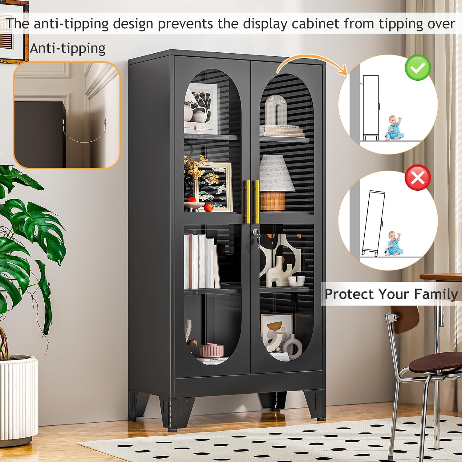 61'H Metal Display Cabinet with Glass Door and Lock, Tall Storage Cabinet with 3 Adjustable Shelves, 4 Tier Liquor Cabinet Metal Curio Cabinet Multi-Purpose Display Case for Collectibles Living Room
