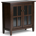 SIMPLIHOME Warm Shaker Storage Cabinet - 32 inch Wide Solid Wood 2-Shelf Low Storage Cabinet in Tobacco Brown, Transitional Accent Cabinet for Entryway with Tempered Glass Doors and Shelves