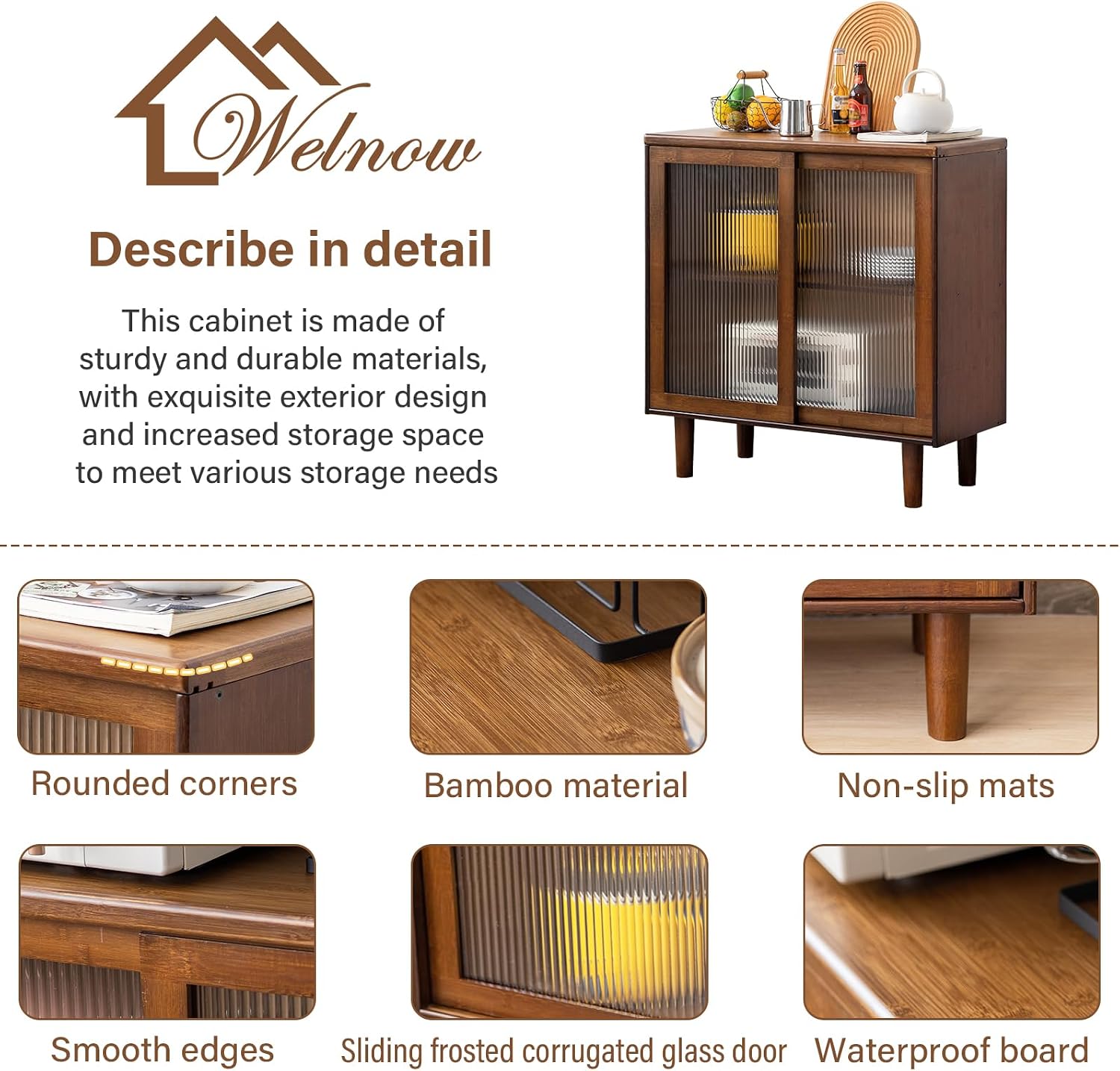 Welnow Buffet Cabinet, Bamboo Sideboard with Storage Kitchen Display Cabinet with 2-Tier Shelves Boho Coffee Bar Tables for Kitchen, Living Room, Entryway, Office, Walnut