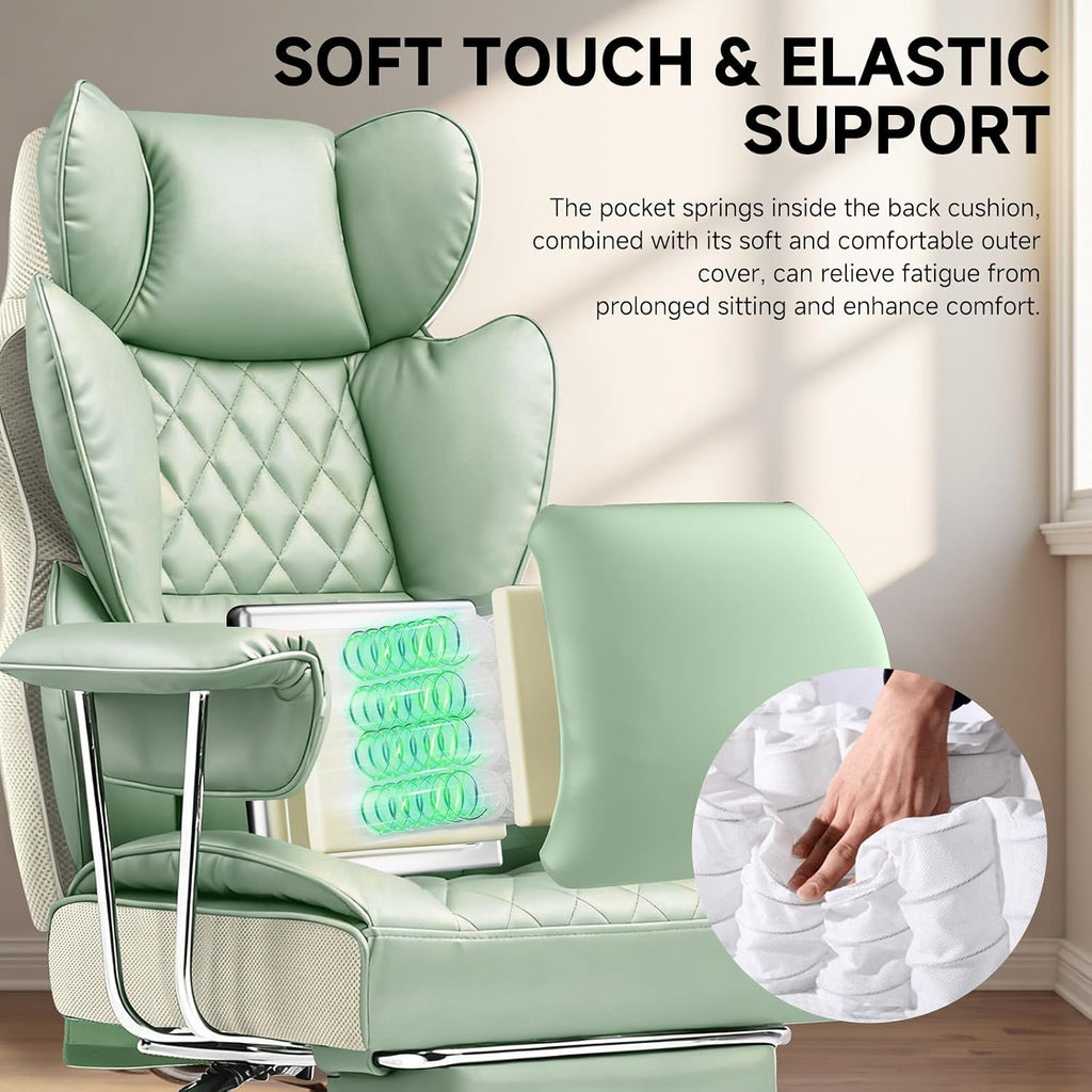 COMHOMA Big and Tall Office Chair, High Back Leather Gaming Chair with Footrest, Executive Ergonomic Office Chairs with Pocket Spring Lumbar Support and with Outward Fixed Soft Armrests
