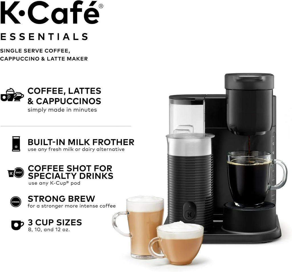 Single Serve Coffee Maker, Built-In Milk Frother, Latte & Cappuccino Brewer, Espresso Shot, 3 Brew Sizes, 42 oz Water Reservoir, Travel Mug Friendly, Auto-Off, Black, Compact Design