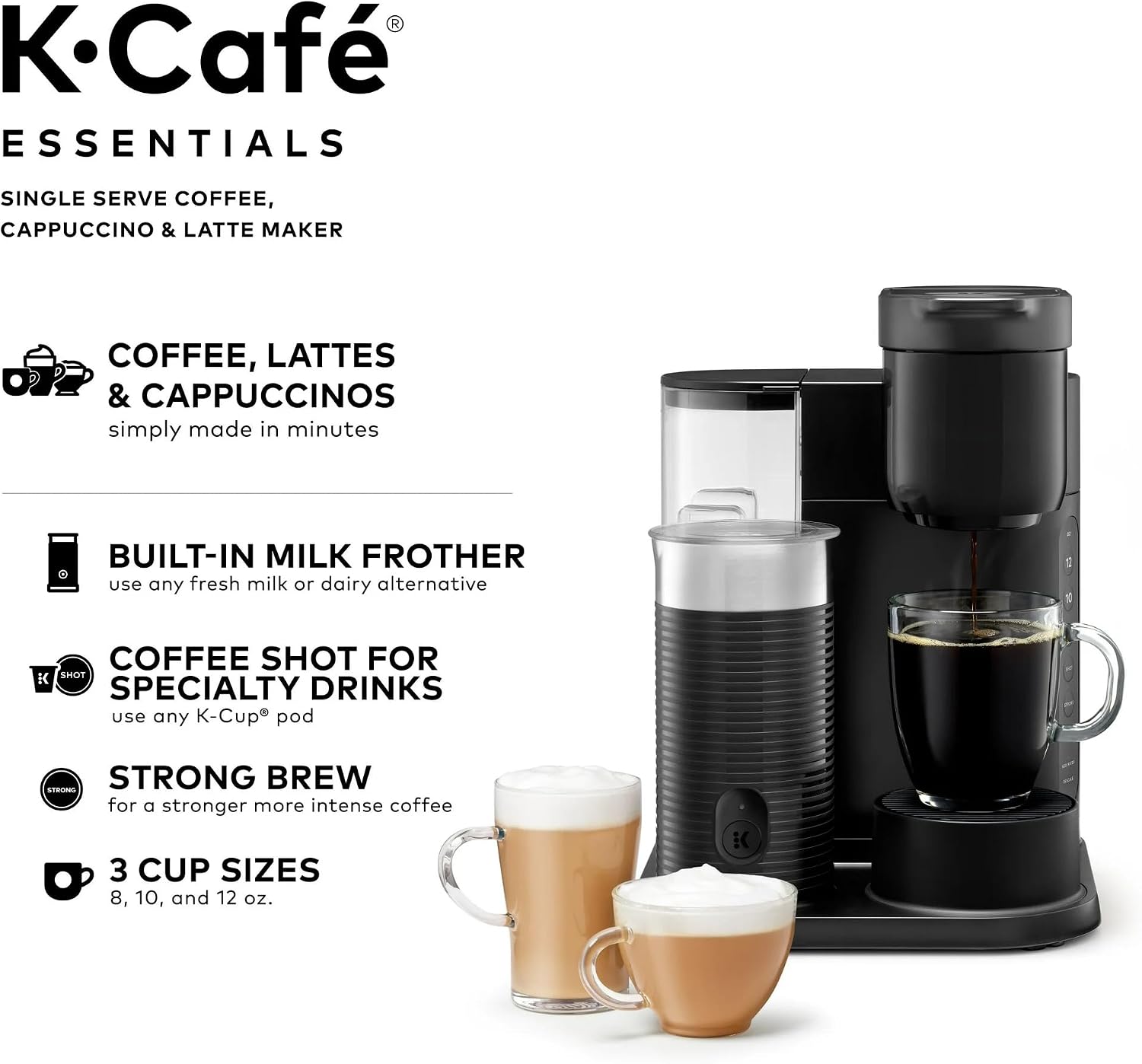 Single Serve Coffee Maker, Built-In Milk Frother, Latte & Cappuccino Brewer, Espresso Shot, 3 Brew Sizes, 42 oz Water Reservoir, Travel Mug Friendly, Auto-Off, Black, Compact Design