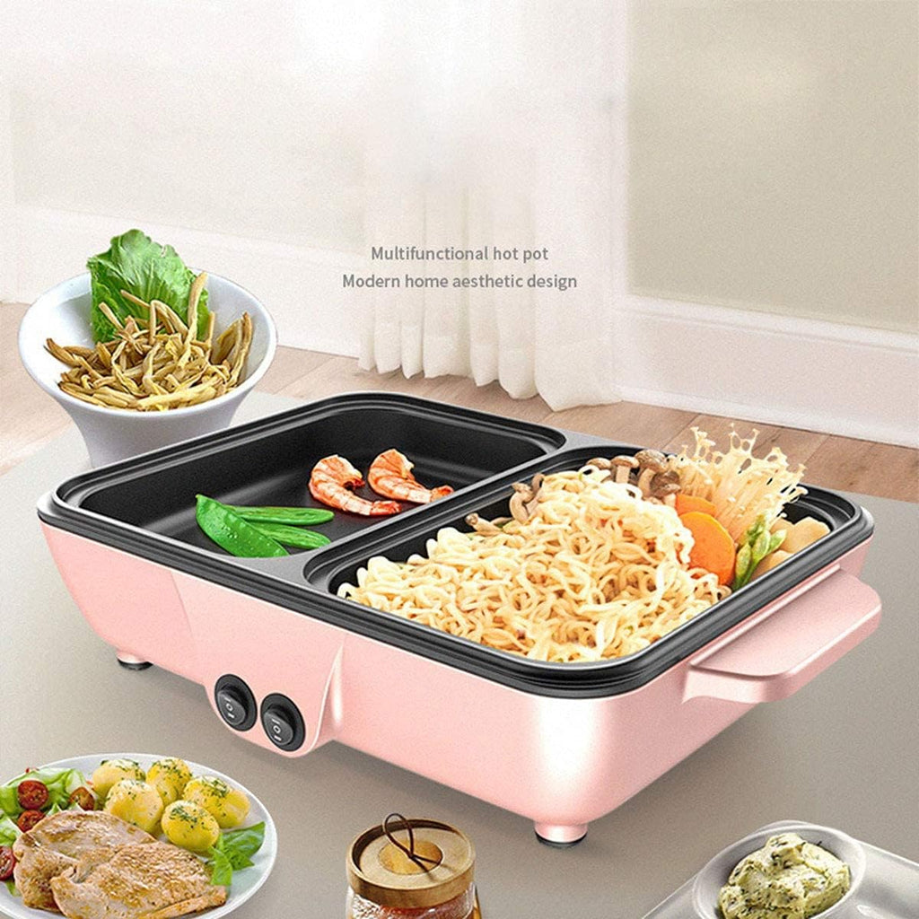 BBQ Smokeless Grill Non-stick Electric Griddle 2-in-1 Indoor Grill Pot Small Multifunctional Electric Cooker Smokeless BBQ Grill Shabu Pot Cooking Pot Temperature Control White 30x22x8.5cm (Color : W