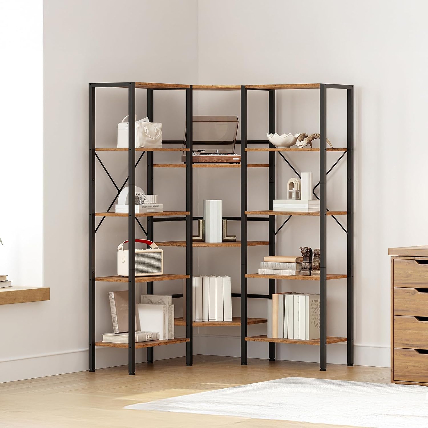 HOOBRO Industrial Corner Bookshelf, 5-Tier L-Shaped Bookcase, Open Display Storage Rack, Floor Standing Storage Shelf, for Living Room, Bedroom, Home Office, Rustic Brown and Black BF68SJ01