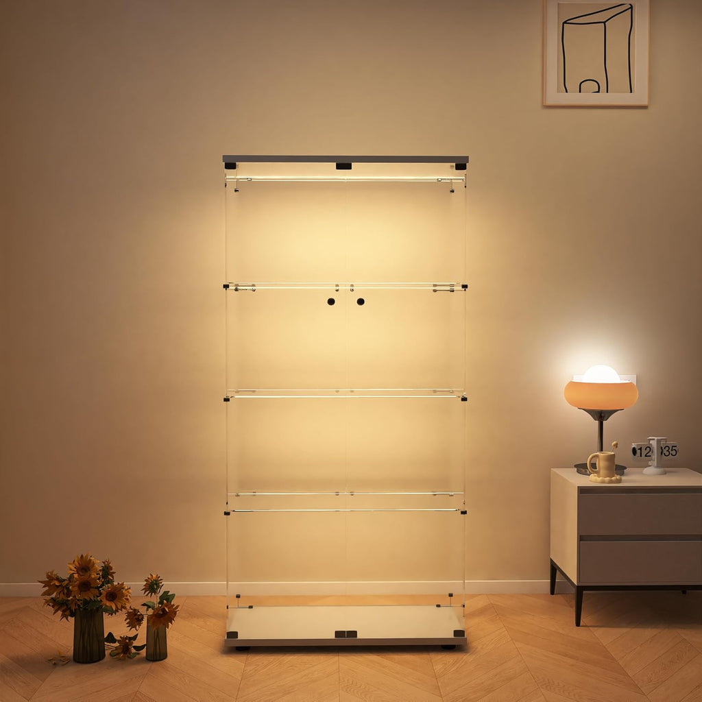 Modern 4-Tier Glass Display Shelf with 2 Doors, Curio Cabinet Collection - Floor Standing Display Case for Living Room, Bedroom, Home Office - 30' W x 14.5' D x 64' H (White with LED Light Strip)