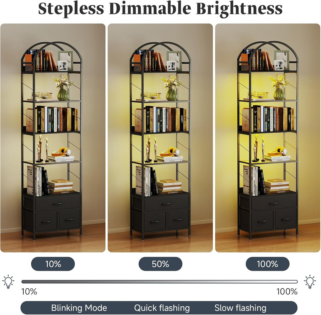 Turosur 83.4' Tall Narrow Bookshelf with 3 Drawers, Arched Bookcase with LED Lignts, 6-Tier Open Bookshelf with Metal Frame, Black