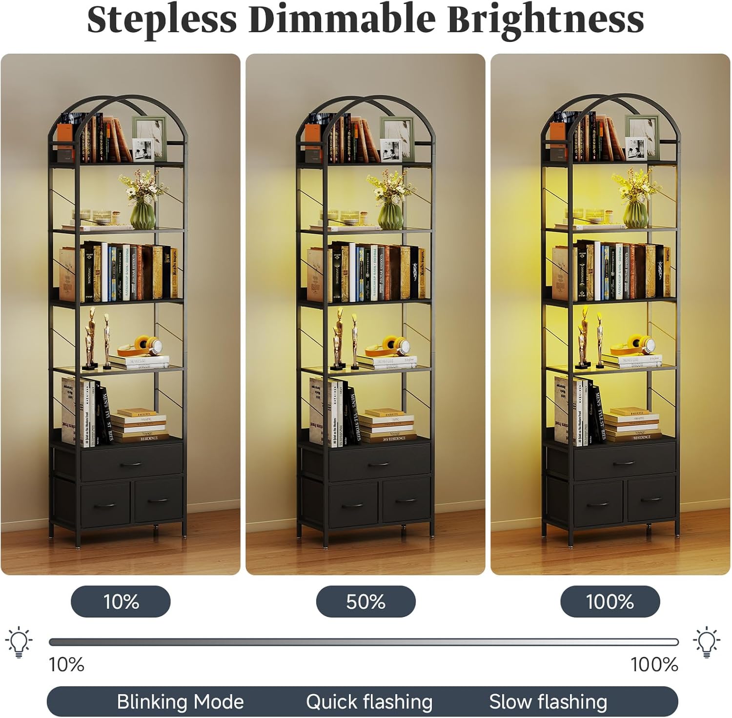 Turosur 83.4' Tall Narrow Bookshelf with 3 Drawers, Arched Bookcase with LED Lignts, 6-Tier Open Bookshelf with Metal Frame, Black