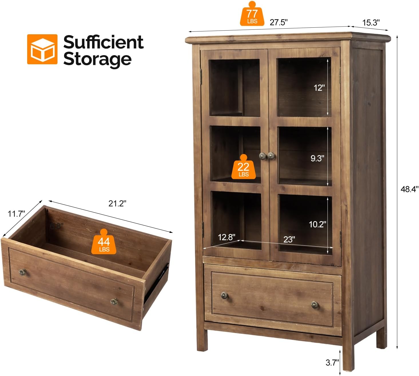 VINGLI Rustic Storage Cabinet with Glass Doors & Drawer, Solid Wood Leg, Walnut Finish Showcase
