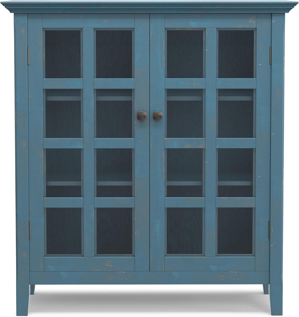 SIMPLIHOME Acadian Storage Cabinet - 39 inch Wide Solid Wood 6-Shelf Medium Storage Cabinet in Distressed Coastal Blue, Transitional Cabinet with Glass Doors for Living Room with Adjustable Shelves