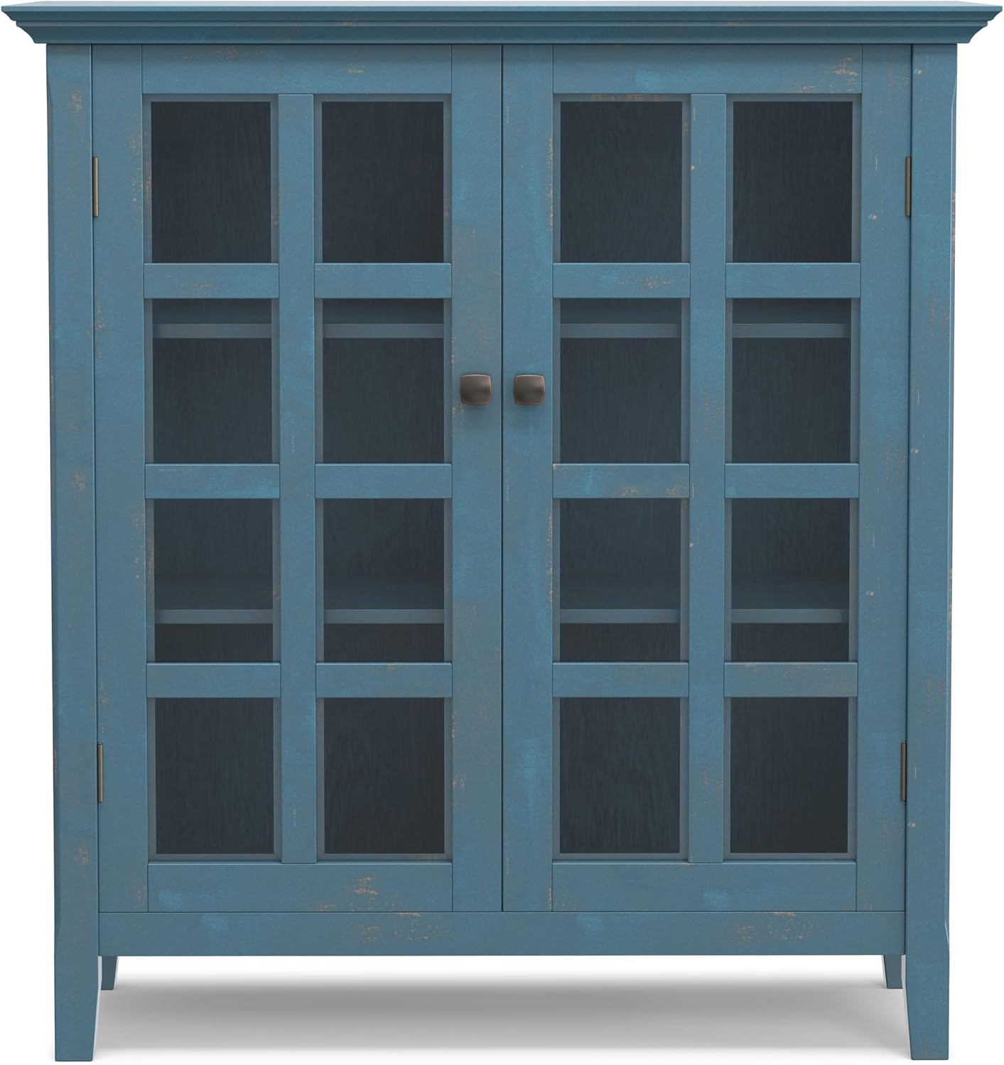 SIMPLIHOME Acadian Storage Cabinet - 39 inch Wide Solid Wood 6-Shelf Medium Storage Cabinet in Distressed Coastal Blue, Transitional Cabinet with Glass Doors for Living Room with Adjustable Shelves