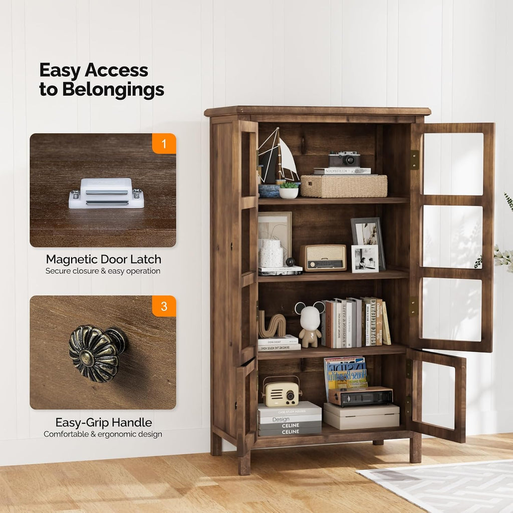 VINGLI Rustic Storage Cabinet with Glass Doors & Shelves, Showcase Display Cabinet with Cedar Wood Finish, Walnut