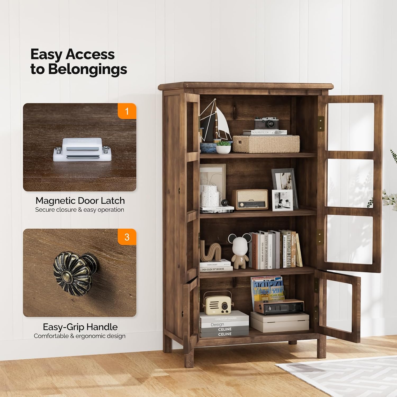 VINGLI Rustic Storage Cabinet with Glass Doors & Shelves, Showcase Display Cabinet with Cedar Wood Finish, Walnut