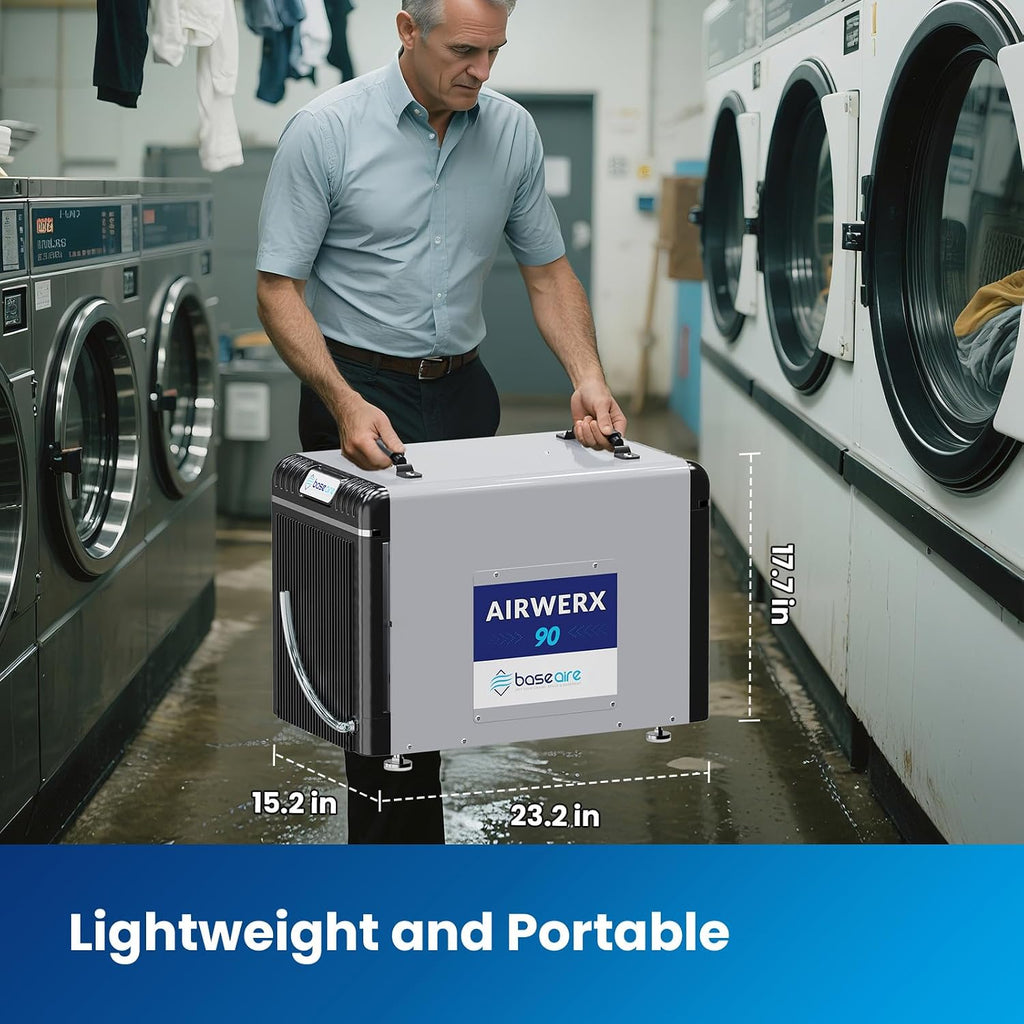 BASEAIRE 198 Pints Energy Star Crawl Space Commercial Dehumidifier, 5 Years Warranty, Large Industrial Water Damage Equipment for Basement, Garage and Job Sites, AirWerx 90