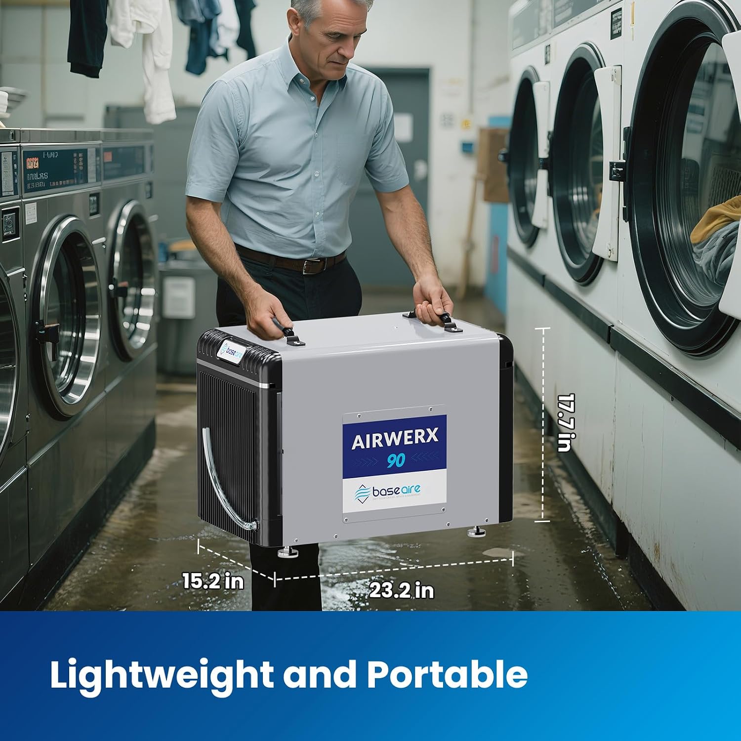 BASEAIRE 198 Pints Energy Star Crawl Space Commercial Dehumidifier, 5 Years Warranty, Large Industrial Water Damage Equipment for Basement, Garage and Job Sites, AirWerx 90