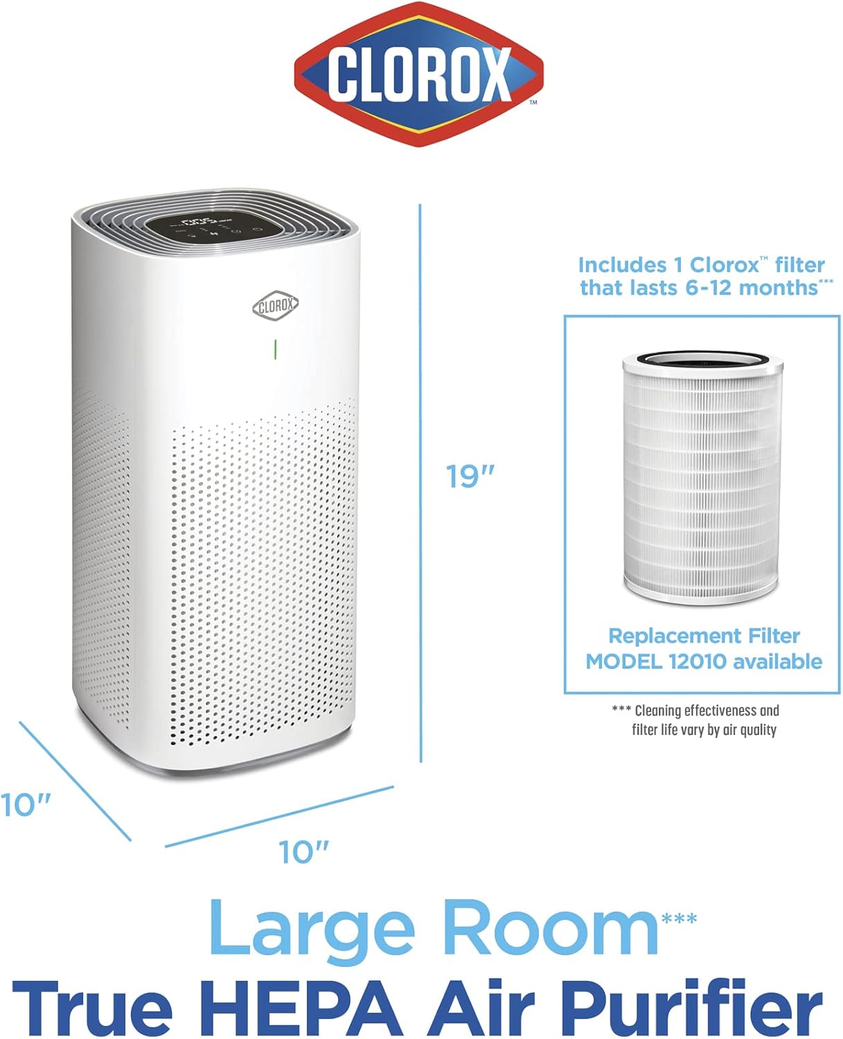Clorox HEPA Air Purifiers for Home, True HEPA Filter, Large Rooms Up to 1,500 Sq Ft, Removes 99.9% of Mold, Viruses, Wildfire Smoke, Allergens, Pet Allergies, Dust, AUTO Mode, Whisper Quiet