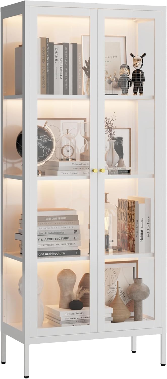 UNICOLY Display Cabinet with Glass Doors, Glass Display Cabinet with 3 Color LED Lights, Curio Display Cabinet with 3 Shelves for Living Room & Plant, Display Shelf, Assembly Required, White