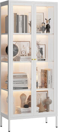 UNICOLY Display Cabinet with Glass Doors, Glass Display Cabinet with 3 Color LED Lights, Curio Display Cabinet with 3 Shelves for Living Room & Plant, Display Shelf, Assembly Required, White