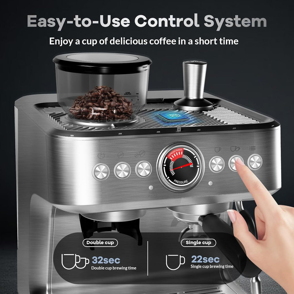 Espresso Machine with Grinder, 20 Bar Semi-Automatic Coffee Maker with Milk Frother Steam Wand, PID Temperature Control, 95 OZ Water Tank, for Cappuccino, Latte, Macchiato, Home Barista, Light Gray