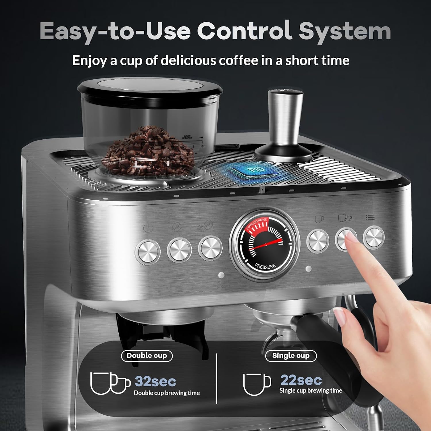 Espresso Machine with Grinder, 20 Bar Semi-Automatic Coffee Maker with Milk Frother Steam Wand, PID Temperature Control, 95 OZ Water Tank, for Cappuccino, Latte, Macchiato, Home Barista, Light Gray