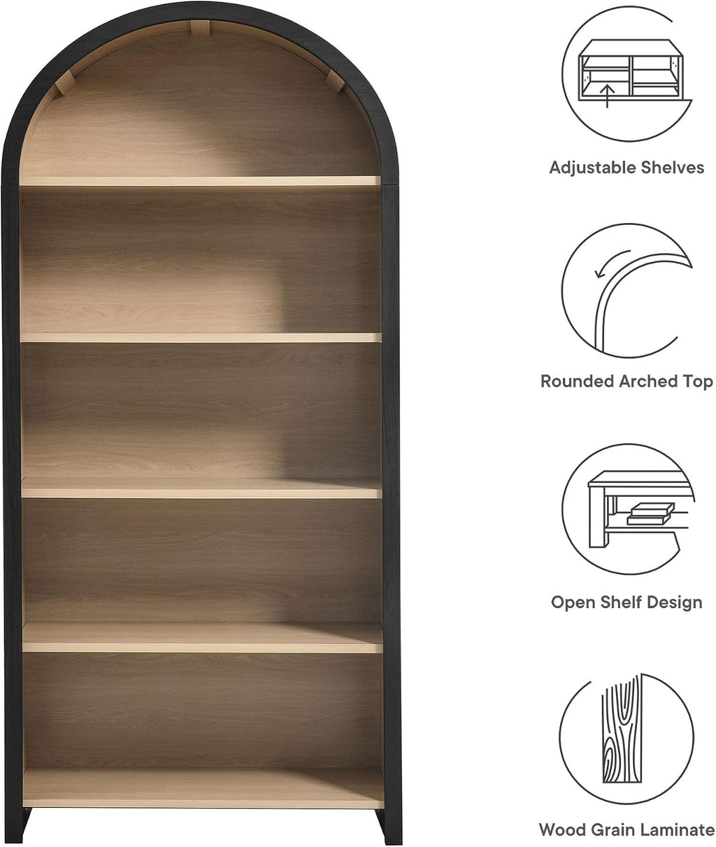 Modway Evie Modern Arched Wide Bookcase in Black - 76 Inch Open Shelf Display Cabinet - Stylish 5-Tier Bookshelf for Living Room, Dining Room, or Home Office