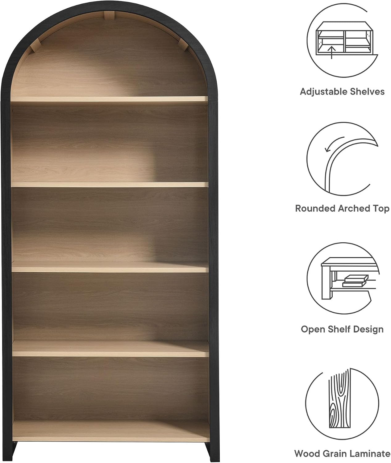 Modway Evie Modern Arched Wide Bookcase in Black - 76 Inch Open Shelf Display Cabinet - Stylish 5-Tier Bookshelf for Living Room, Dining Room, or Home Office
