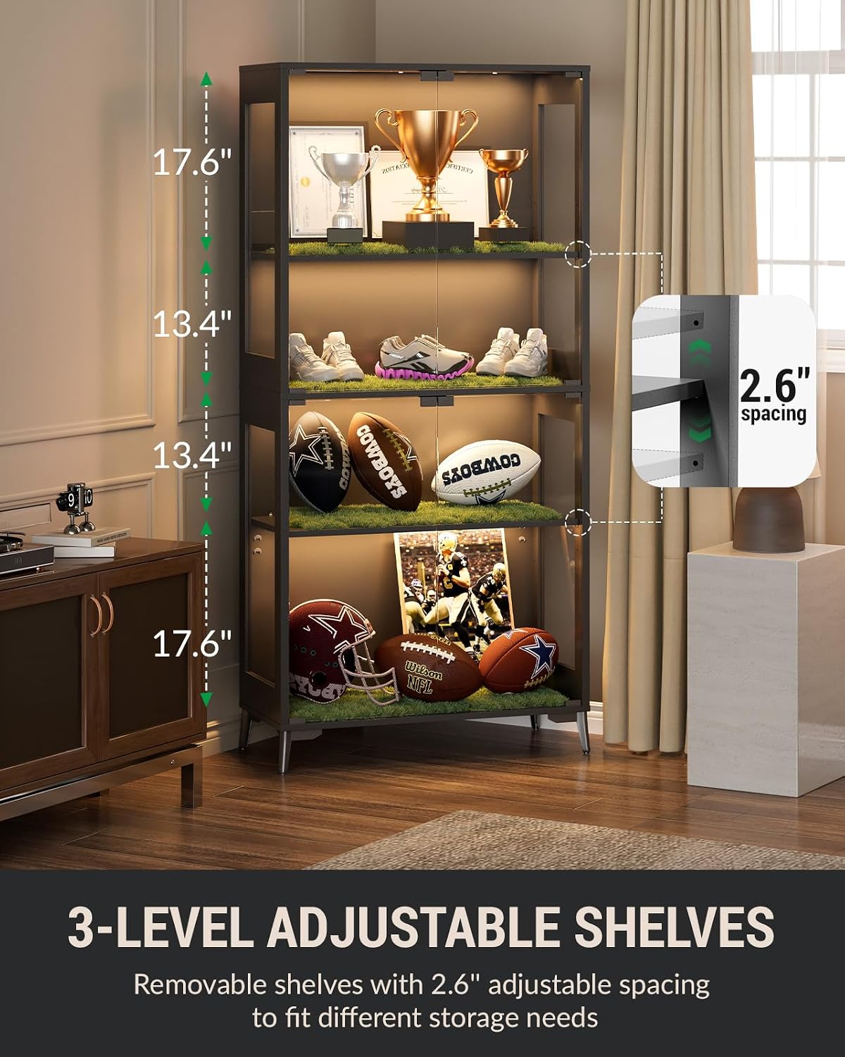 Display Cabinet with Glass Doors, 4-Tier Curio Cabinet, Adjustable Shelves, 60,000 Color Lights for Collectibles, Glass Display Case with App & Remote Control, Bookcase, Storage Cabinet, Black