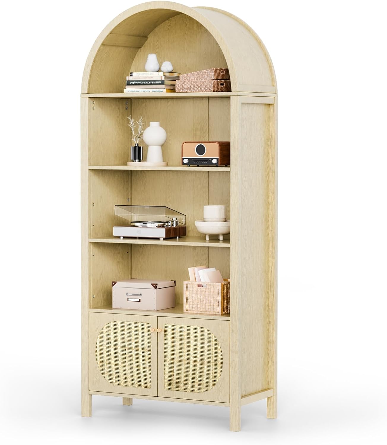 VINGLI Arched Display Cabinet (Oak Wood, 4 Shelves & 2 Doors)