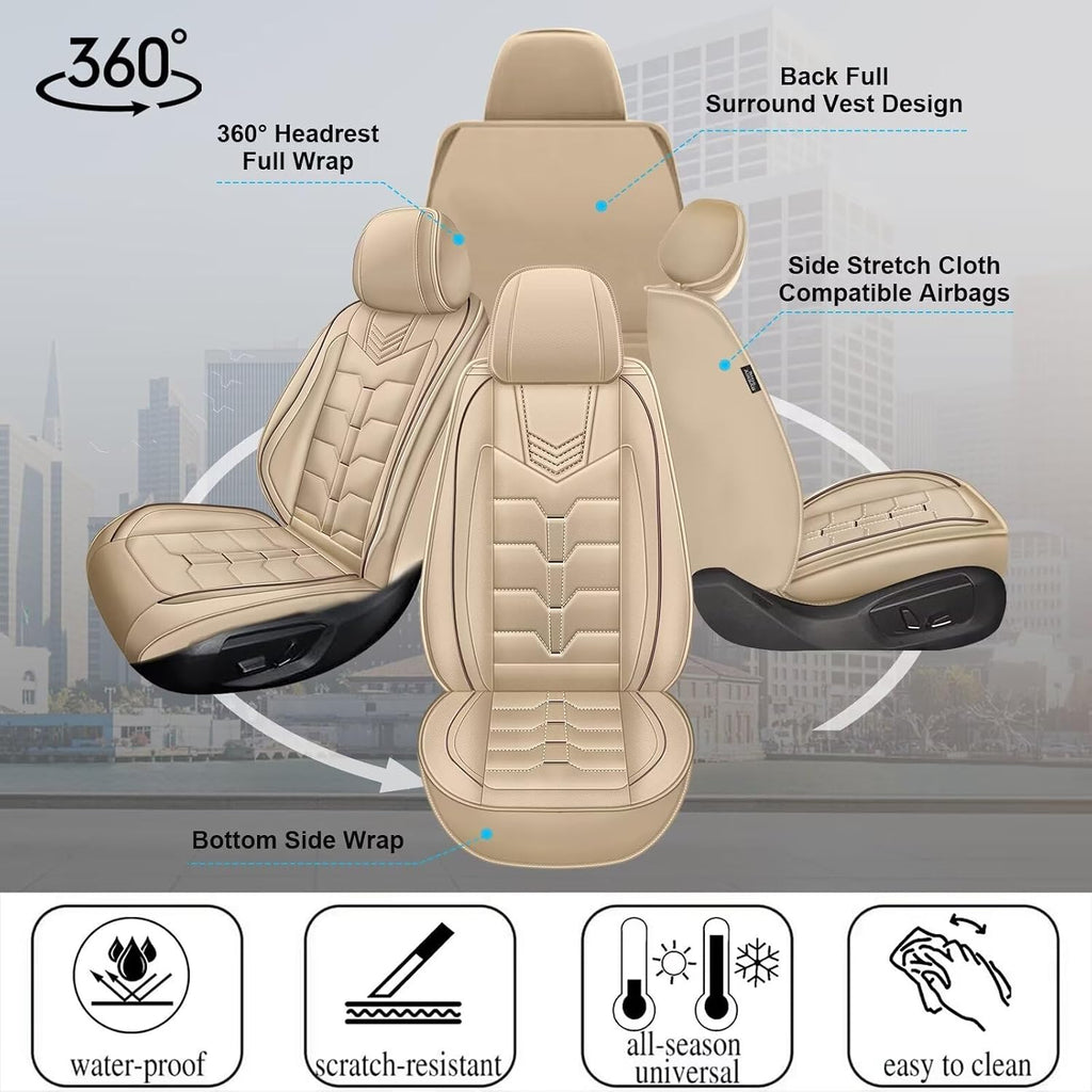 IKABEVEM Seat Covers Fit for Mazda 3 2007-2019 2PCS Front Car Seat Covers Faux Leather Seat Cushion Waterproof Auto Protectors(Beige)-2 Front Seat Covers