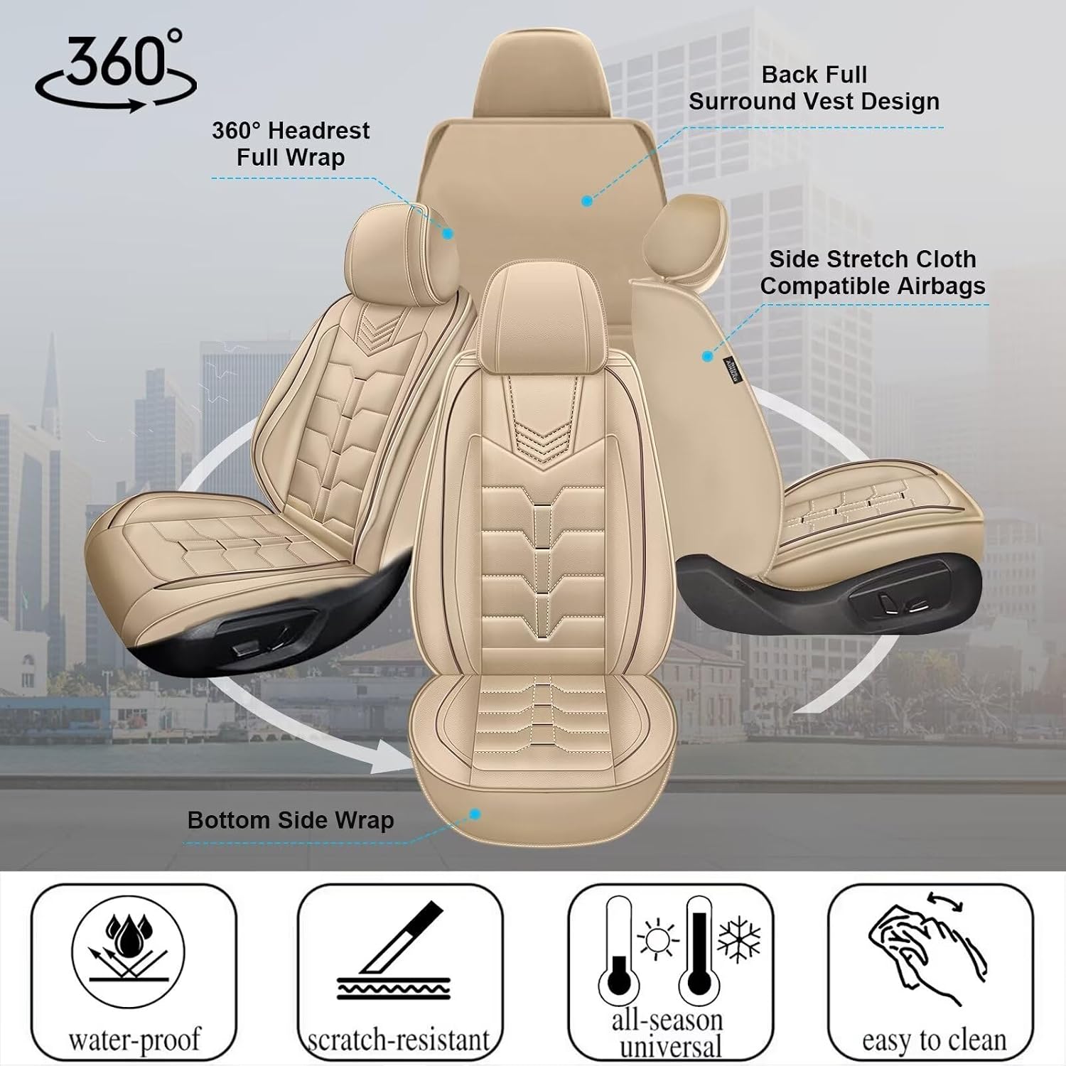 IKABEVEM Seat Covers Fit for Mazda 3 2007-2019 2PCS Front Car Seat Covers Faux Leather Seat Cushion Waterproof Auto Protectors(Beige)-2 Front Seat Covers