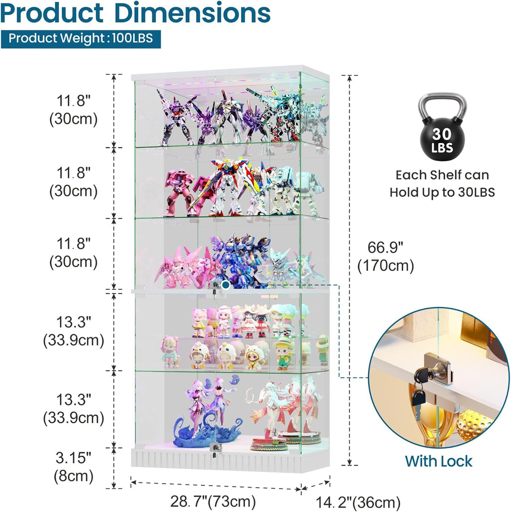 HNEBC 5 Tier Glass Display Cabinet, 66.9' Curio Cabinet with RBG Lights, Display Cases with Lockable and Human Body Sensor, Bookcases for Collectibles, Figurines, Books, Toys, White