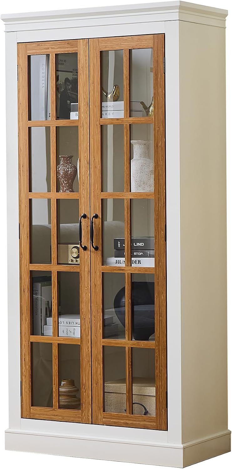 Merax 71.2'' Freestanding Farmhouse Style Glass Door Pantry Cabinet with Lattice Window, Curio Display Storage for Hallways, Living Room, Kitchen & Office,Brown & Black
