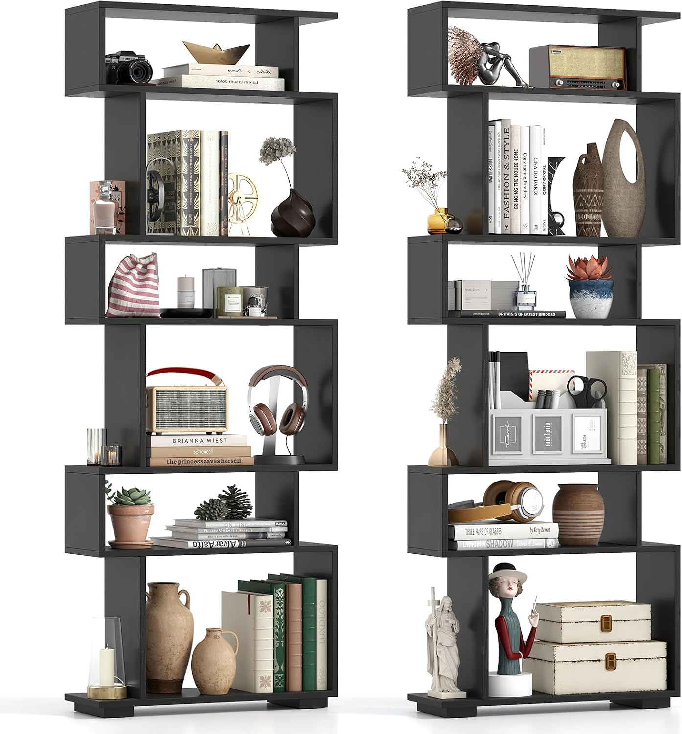 Tangkula 6-Tier S-Shaped Bookshelf, 64' Freestanding Geometric Bookcase, Home Office Wood Storage Shelf with Anti-Toppling Device, Room Divider Display Rack for Study, Living Room (2, Black)