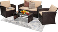 KROFEM 4-Piece Patio Furniture Set, Wicker Outdoor Rattan Sectional Sofa with Cushions and Glass Table, All-Weather Outdoor Conversation Set for Garden, Porch, Backyard, Patio, Beige