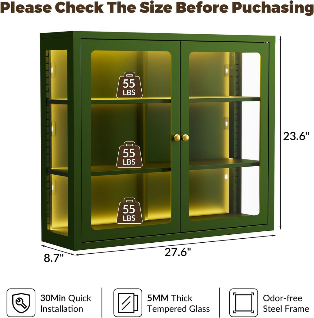 Bathroom Wall Cabinet with 13-Color Light, Wall Mounted 3-Sided Glass Display Cabinet with Adjustable Shelves, Floating Metal Medicine Storage Cabinet for Kitchen Living Room - Green
