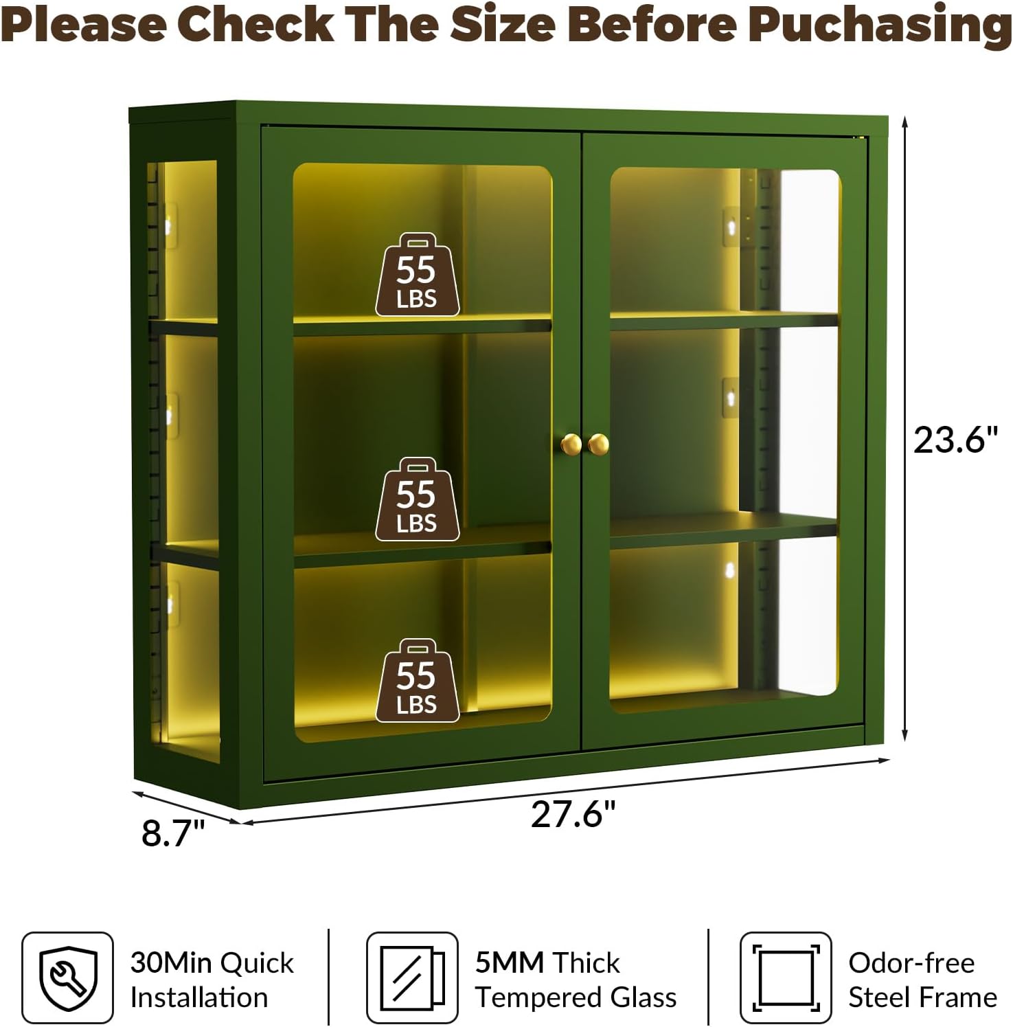 Bathroom Wall Cabinet with 13-Color Light, Wall Mounted 3-Sided Glass Display Cabinet with Adjustable Shelves, Floating Metal Medicine Storage Cabinet for Kitchen Living Room - Green