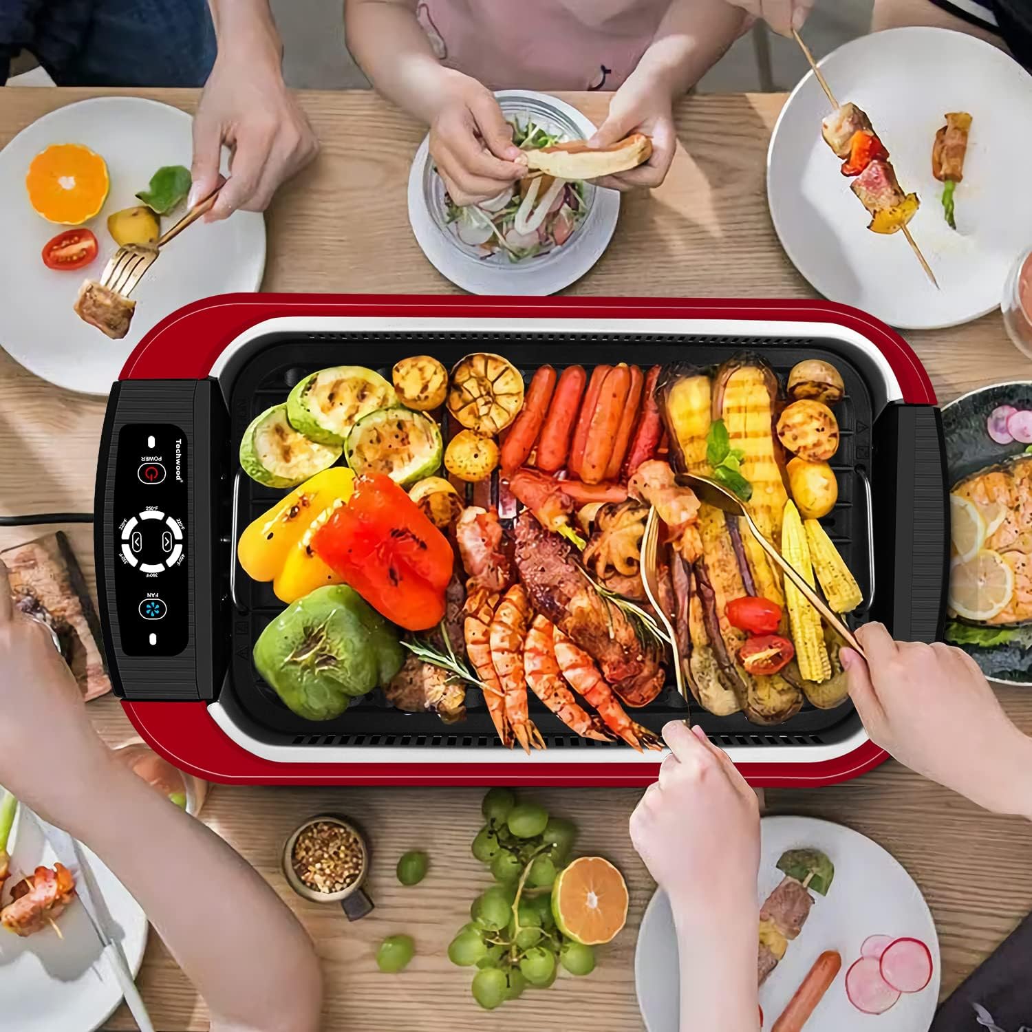 Indoor Smokeless Grill, Techwood 1500W Electric BBQ Grill with Temperature Control, Korean Grill Removable Non-Stick Grill & Griddle Plates, Tempered Glass Lid, Red