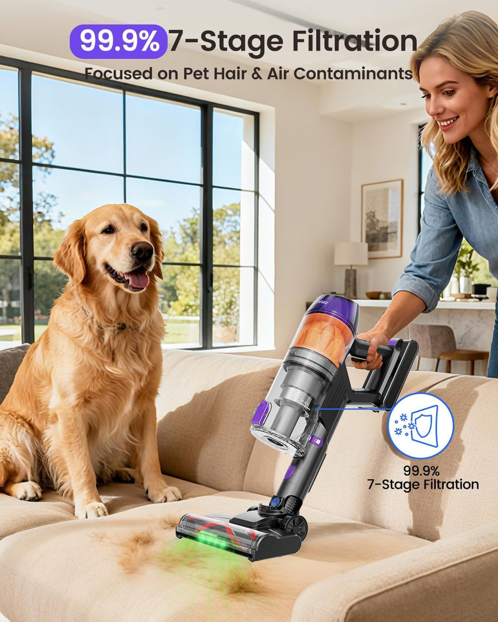 Cordless Vacuum Cleaner, 500W Vacuum Cleaners for Home Pet Hair, 60Mins Cordless Stick Vacuums with LED Display, Anti-Tangle, Lightweight Vacuum for Hard Floors, Carpet,Purple