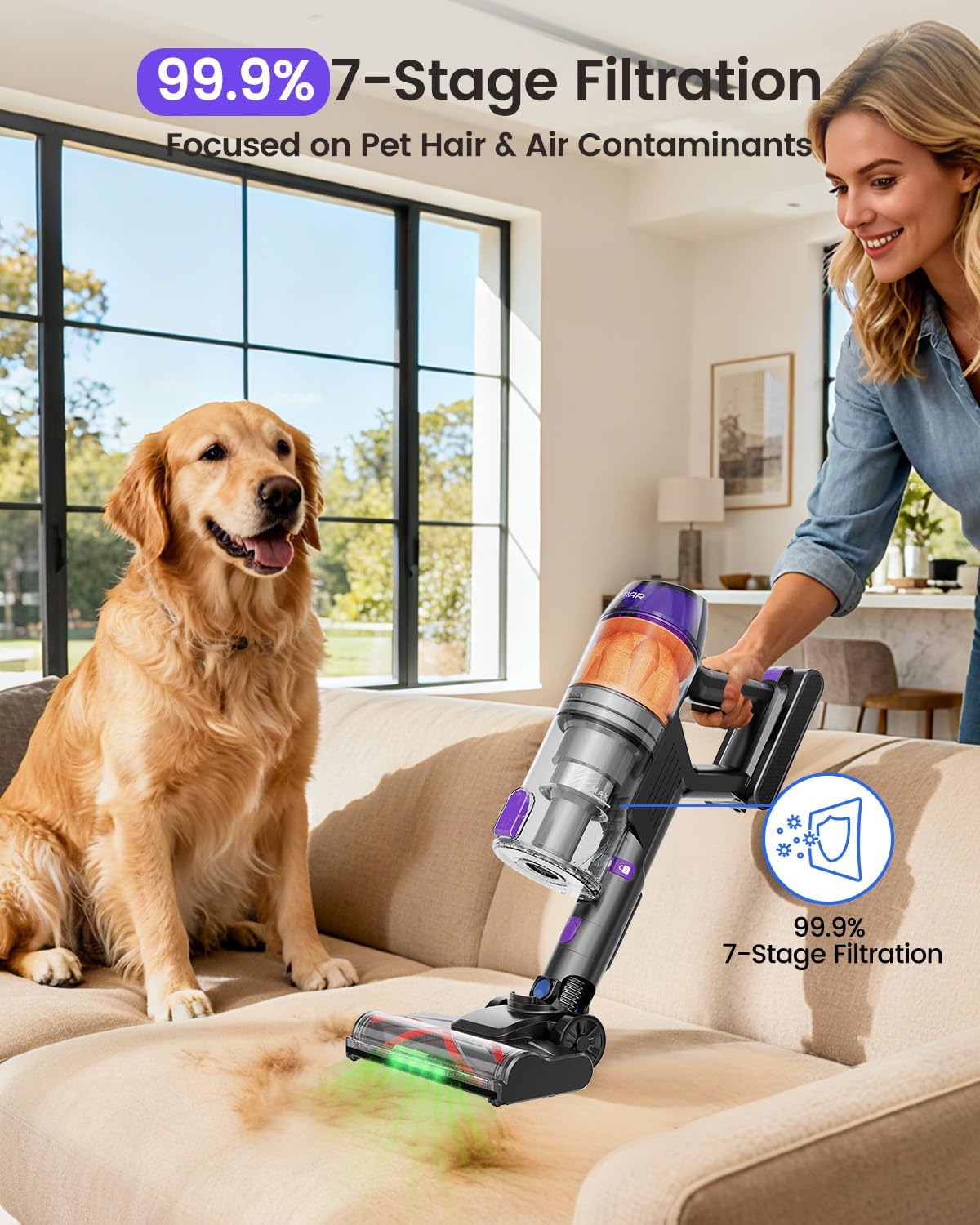 Cordless Vacuum Cleaner, 500W Vacuum Cleaners for Home Pet Hair, 60Mins Cordless Stick Vacuums with LED Display, Anti-Tangle, Lightweight Vacuum for Hard Floors, Carpet,Purple