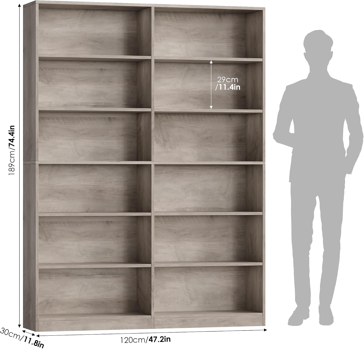 FACBOTALL Bookshelf and Bookcase, 6-Tier Double Wide Bookshelves, Freestanding Display Storage Shelves, Tall Bookcases for Home Decor Bedroom, Living Room, Home Office, Wash Gray